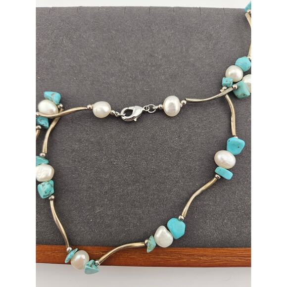 Turquoise Chip And Pearl Beaded Silver Tone Spacer Necklace 21" Stackable - Picture 2 of 2